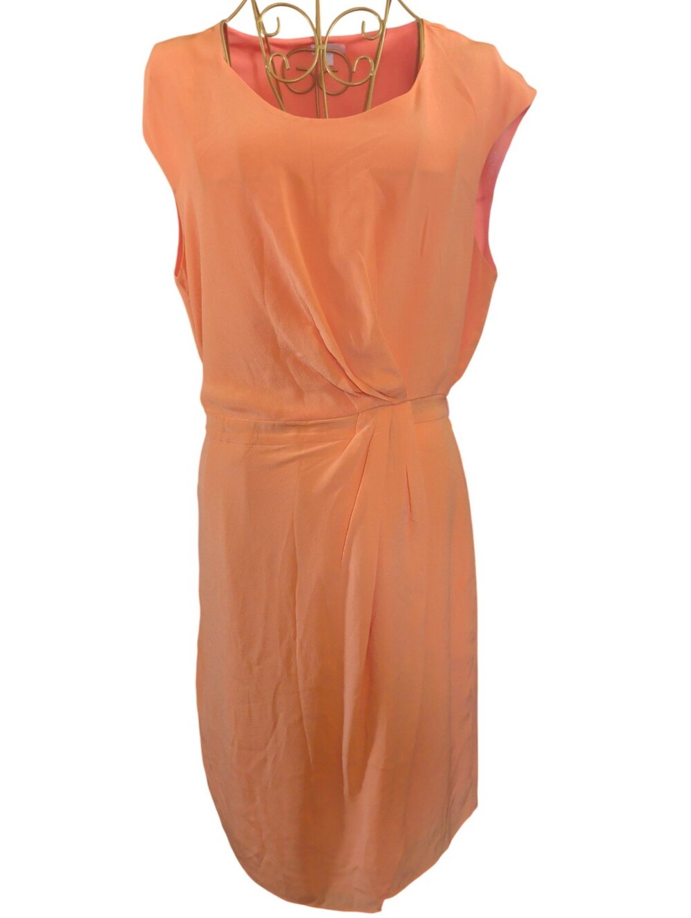 Elorie 100% Silk Sleeveless Draped Faux Wrap Dress Coral Peach Medium